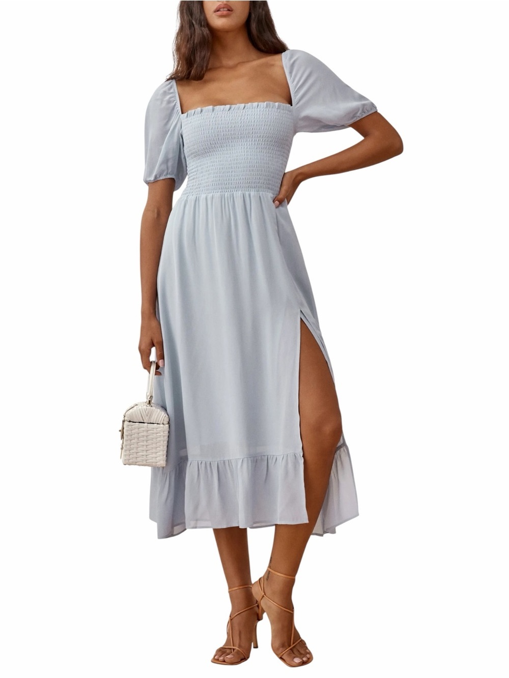 Reformation Meadow Puff Sleeve Smocked Midi Dress Blue Ruffle Hem Sz M / 6 / 8